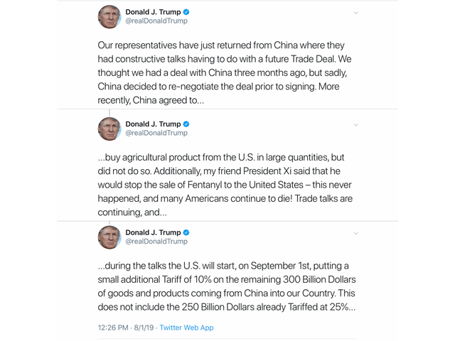 President Donald Trump tweeted shortly after noon in Washington that he was placing 10% tariffs on $300 billion more in imports from China. (DTN image capture of Twitter feed)